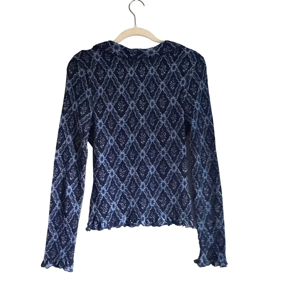 Free People Blue Diamond Floral Mesh Smocked Cardigan Top Lettuce Edge Trim - Picture 2 of 3